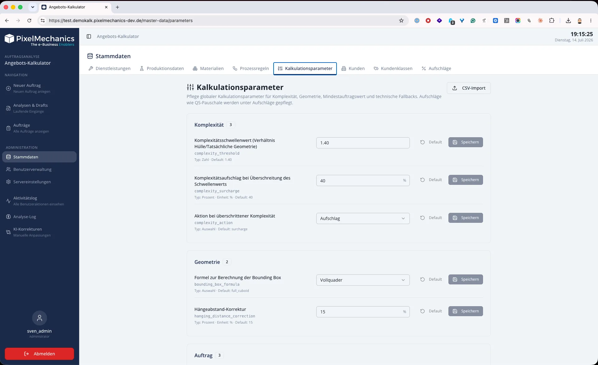 Hinterlegte Kalkulationsparameter und Stammdaten in PM QuoteFlow