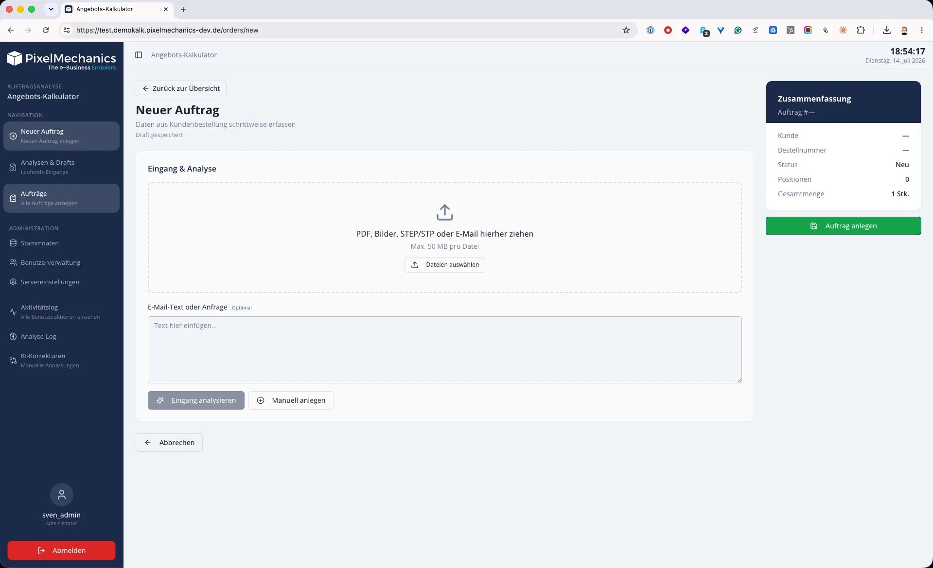 PM QuoteFlow: Erfassung einer neuen Anfrage mit eingelesener Zeichnung